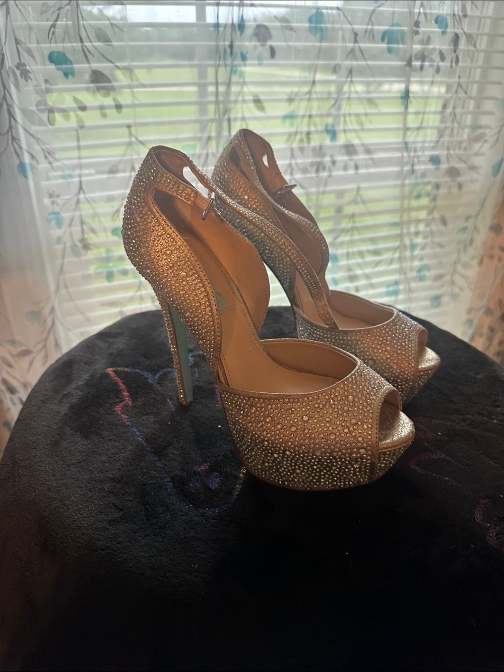 Betsey Johnson Gold Crystal Peep-Toe T-Strap Platform Heels